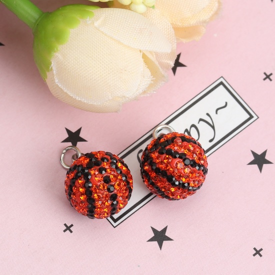 Picture of Resin Charms Basketball Black Orange-red Rhinestone 18mm x 12mm, 2 PCs