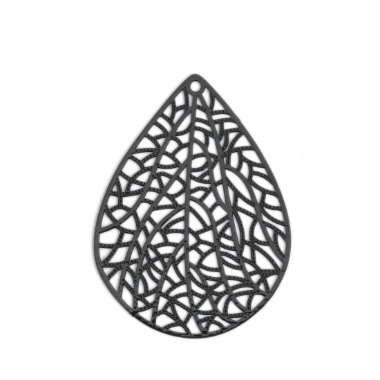 Immagine di Ottone Filigree Stamping Ciondoli Nero Goccia 40mm x 30mm, 10 Pz