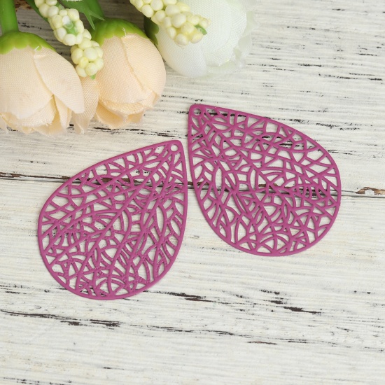 Immagine di Ottone Filigree Stamping Ciondoli Colore Viola Goccia 40mm x 30mm, 10 Pz