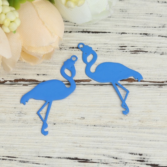 Bild von Messing Filigran Stempel Verzierung Charms Flamingo Blau 27mm x 17mm, 30 Stück                                                                                                                                                                                