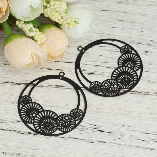 Image de Pendentifs Estampe en Filigrane en Laiton Rond Noir Roue Dentée 42mm x 39mm, 10 Pcs