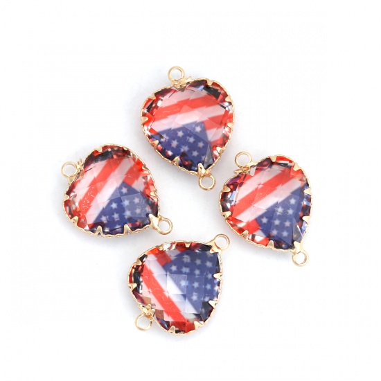 Picture of Copper & Glass Connectors Heart Gold Plated Multicolor National Flag 22mm x 17mm, 2 PCs