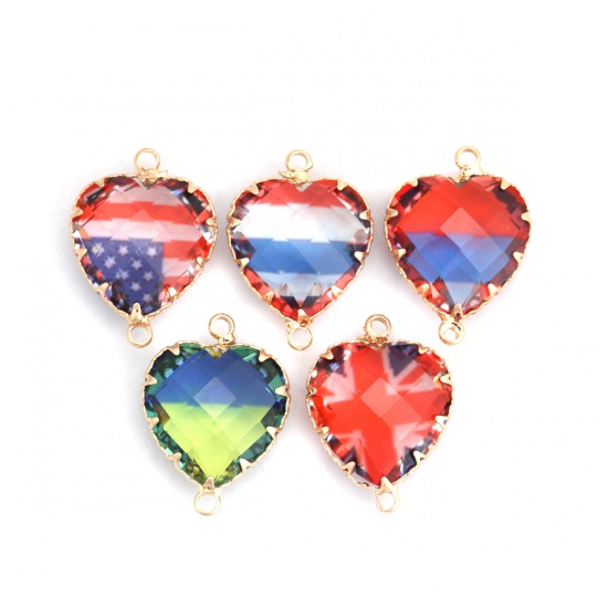 Picture of Copper & Glass Connectors Heart Gold Plated Multicolor National Flag 22mm x 17mm, 2 PCs