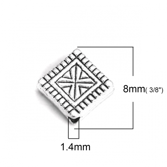 Picture of Zinc Based Alloy Spacer Beads Square Antique Silver Carved Pattern 8mm x 8mm, Hole: Approx 1.4mm, 100 PCs