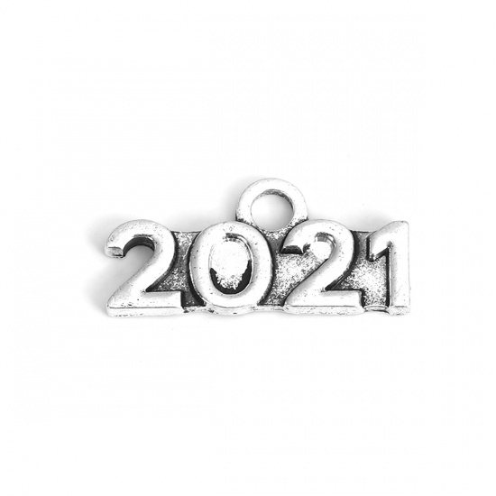 Picture of Zinc Based Alloy Charms Antique Silver Message " 2021 " 24mm x 11mm, 30 PCs