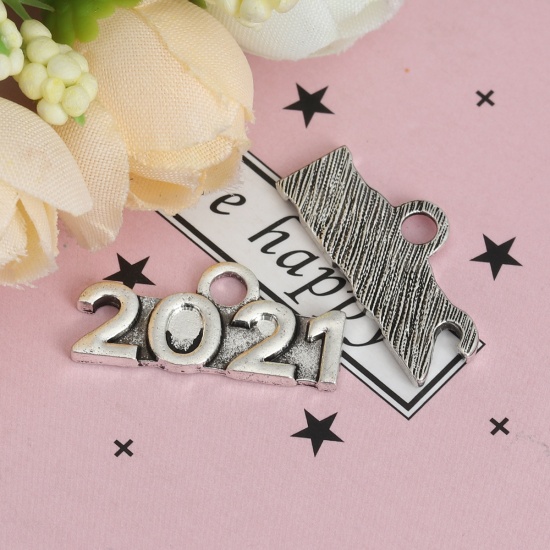 Picture of Zinc Based Alloy Charms Antique Silver Message " 2021 " 24mm x 11mm, 30 PCs