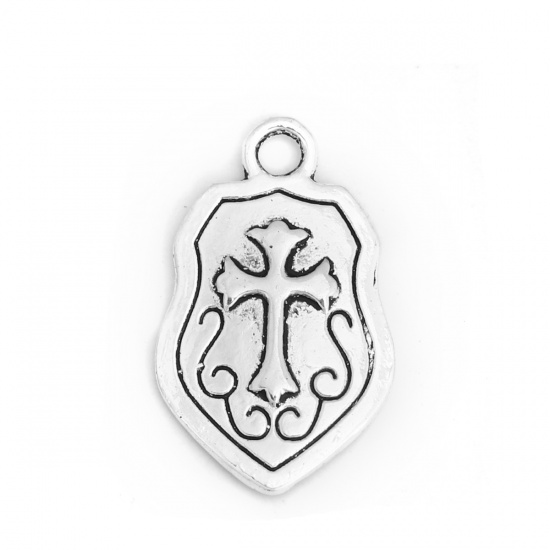 Picture of Zinc Based Alloy Charms Shield Antique Silver Color Cross 24mm x 15mm, 50 PCs
