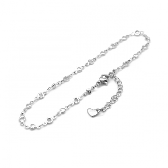 Picture of 304 Stainless Steel Anklet Silver Tone Heart Round 22.8cm(9") long, 1 Piece