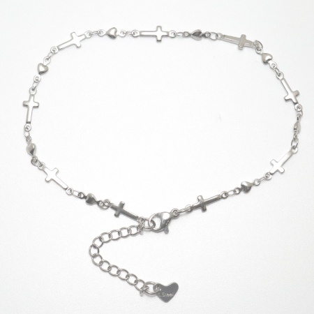 Picture of Wholesale Cross Heart 304 Stainless Steel Handmade Link Chain Anklet, Silver Tone Women's Stylish Ins Style Gift Jewelry Supply, 22.8cm long, 1 Piece