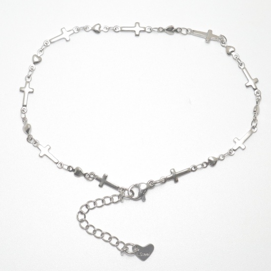 Picture of 304 Stainless Steel Anklet Silver Tone Cross Heart 22.8cm(9") long, 1 Piece