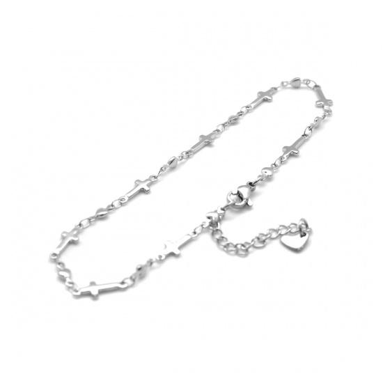 Picture of 304 Stainless Steel Anklet Silver Tone Cross Heart 22.8cm(9") long, 1 Piece