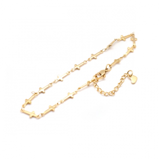 Picture of 1 Piece Vacuum Plating 304 Stainless Steel Anklet Gold Plated Cross 22.5cm(8 7/8") long