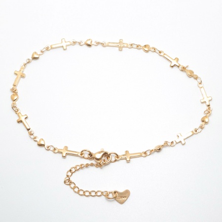 Picture of Wholesale Cross Heart 304 Stainless Steel Handmade Link Chain Anklet, Gold Plated Vacuum Plating, Women's Stylish Ins Style Gift Jewelry Supply, 22.8cm long, 1 Piece