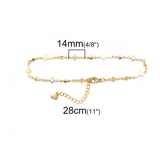 Picture of 304 Stainless Steel Anklet Gold Plated Cross Heart 22.8cm(9") long, 1 Piece