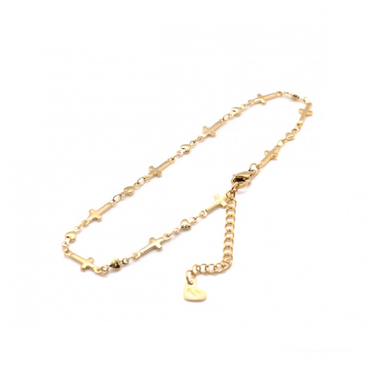 Picture of 1 Piece Vacuum Plating 304 Stainless Steel Anklet Gold Plated Cross Heart