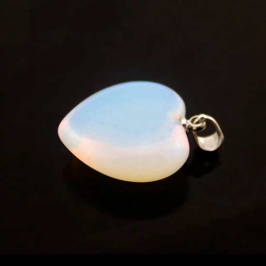Picture of 2 PCs Opal ( Synthetic ) Charm Pendant Silver Tone Ivory Heart 23mm x 20mm