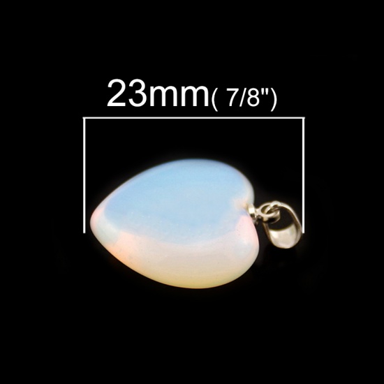Picture of 2 PCs Opal ( Synthetic ) Charm Pendant Silver Tone Ivory Heart 23mm x 20mm