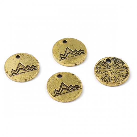 Picture of Zinc Based Alloy Travel Charms Round Gold Tone Antique Gold Mountain 13mm Dia., 50 PCs