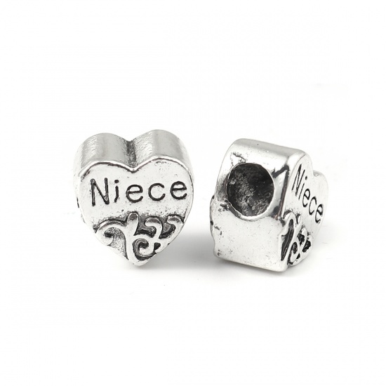 Picture of Zinc Based Alloy European Style Large Hole Charm Beads Heart Antique Silver Flower Vine Message " Niece " About 11mm x 11mm, 10 PCs