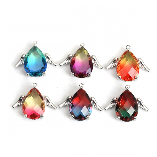 Picture of Zinc Based Alloy & Glass Charms Drop Wing Silver Tone Red & Blue Faceted 25mm x 22mm, 2 PCs