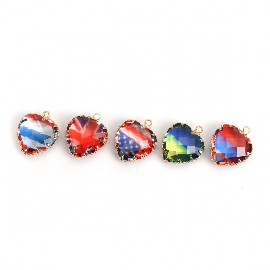 Picture of Zinc Based Alloy & Glass Sport Charms Heart Union Jack Flag Gold Plated Multicolor Faceted 20mm x 17mm, 2 PCs