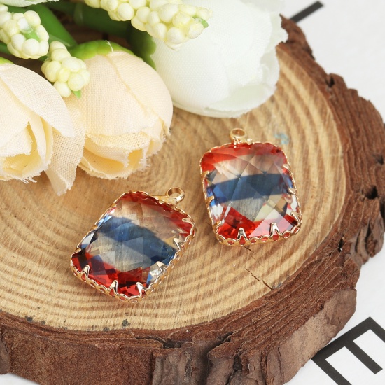 Picture of Zinc Based Alloy & Glass Sport Charms Rectangle National Flag Gold Plated Multicolor Faceted 22mm x 14mm, 2 PCs