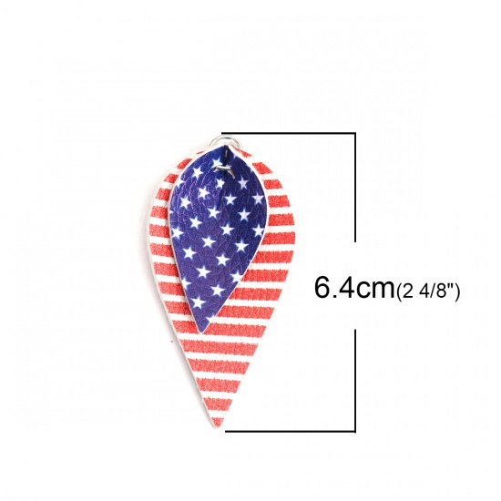 Picture of PU Leather Sport Pendants Leaf Multicolor Flag Of The United States W/ Jump Ring 6.4cm x 3.3cm, 5 PCs