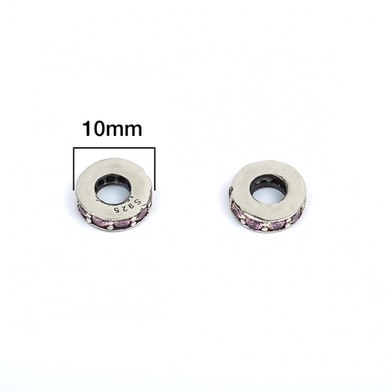 スターリングシルバー ビーズ 円形 プラチナメッキ ピンクラインストーン 10mm 直径 穴:約 4.2mm 、 1 個 の画像