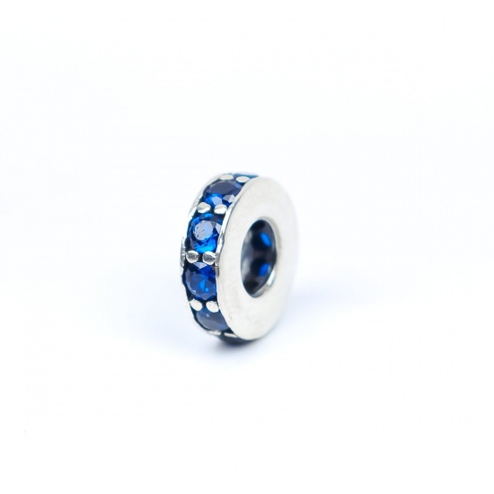 Picture of Sterling Silver Spacer Beads Round Platinum Plated Blue Rhinestone About 10mm Dia., Hole:Approx 4.2mm, 1 Piece