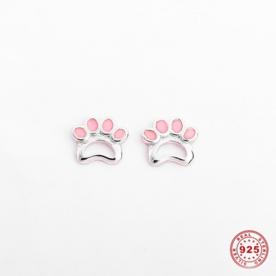 Picture of Sterling Silver Pet Memorial Ear Post Stud Earrings Platinum Plated Light Pink Paw Claw Enamel 6mm x 5mm, Post/ Wire Size: (21 gauge), 1 Pair
