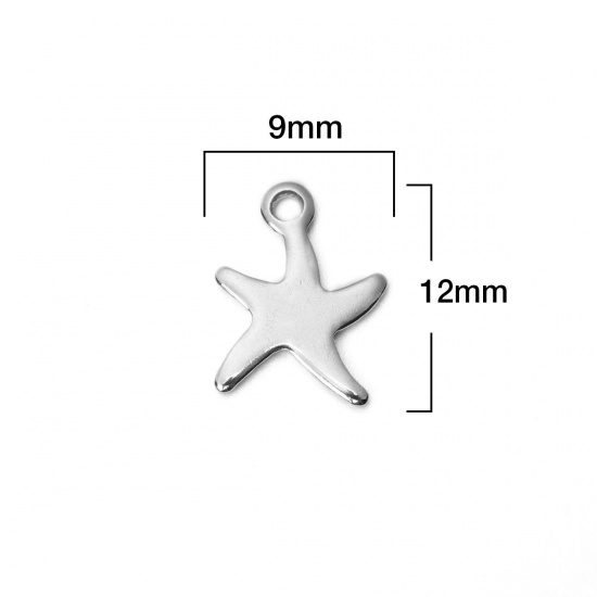 Picture of 304 Stainless Steel Chain Tail Extender Ocean Jewelry Charms Star Fish Silver Tone 12mm x 9mm, 10 PCs