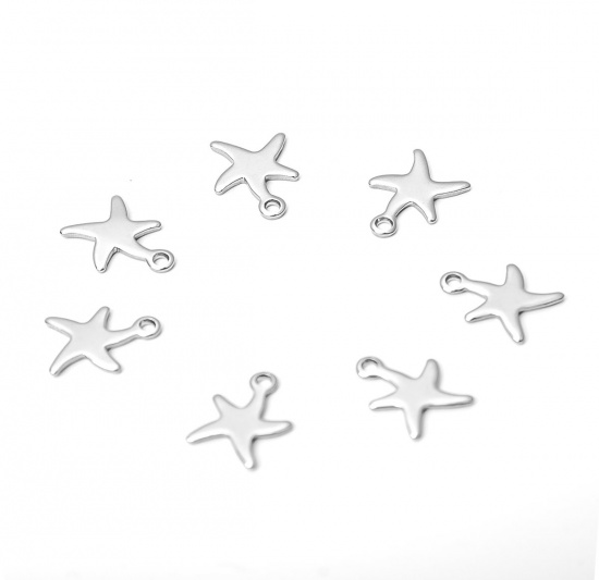 Picture of 304 Stainless Steel Chain Tail Extender Ocean Jewelry Charms Star Fish Silver Tone 12mm x 9mm, 10 PCs