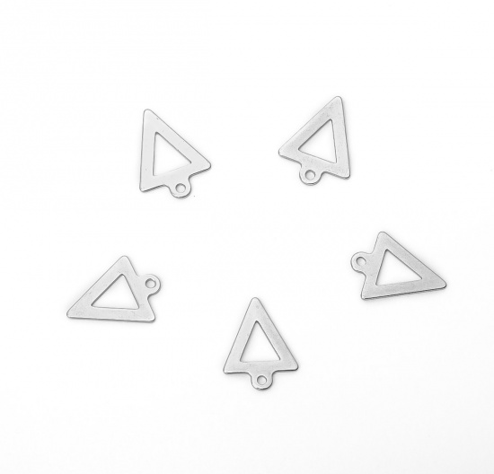 Picture of 304 Stainless Steel Chain Tail Extender Charms Triangle Silver Tone Hollow 12mm x 9mm, 10 PCs
