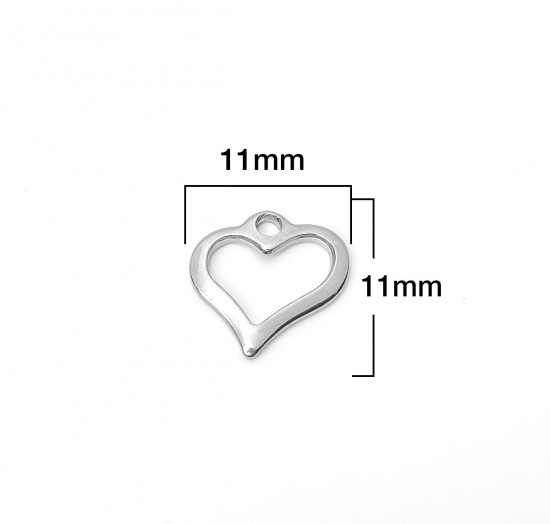 Picture of 304 Stainless Steel Chain Tail Extender Charms Heart Silver Tone Hollow 11mm x 11mm, 10 PCs