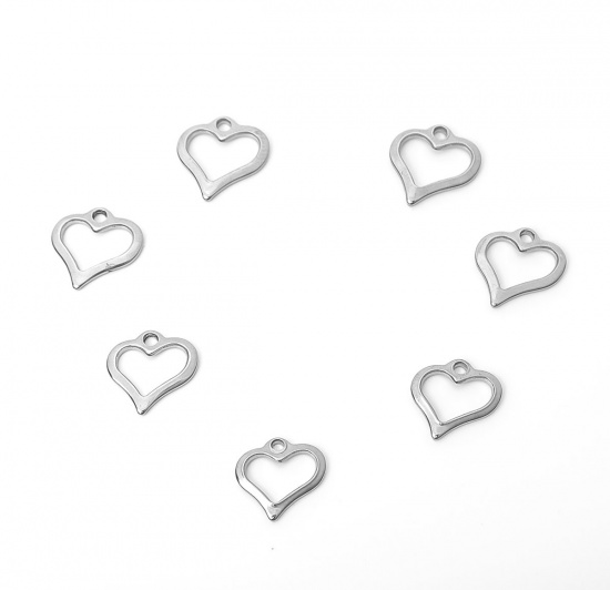 Picture of 304 Stainless Steel Chain Tail Extender Charms Heart Silver Tone Hollow 11mm x 11mm, 10 PCs