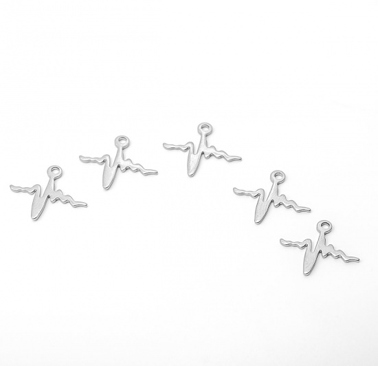 Picture of 304 Stainless Steel Chain Tail Extender Charms Heartbeat/ Electrocardiogram Silver Tone 14mm x 12mm, 10 PCs