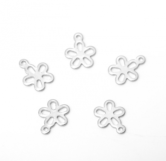 Picture of 304 Stainless Steel Chain Tail Extender Charms Flower Silver Tone Hollow 14mm x 12mm, 10 PCs