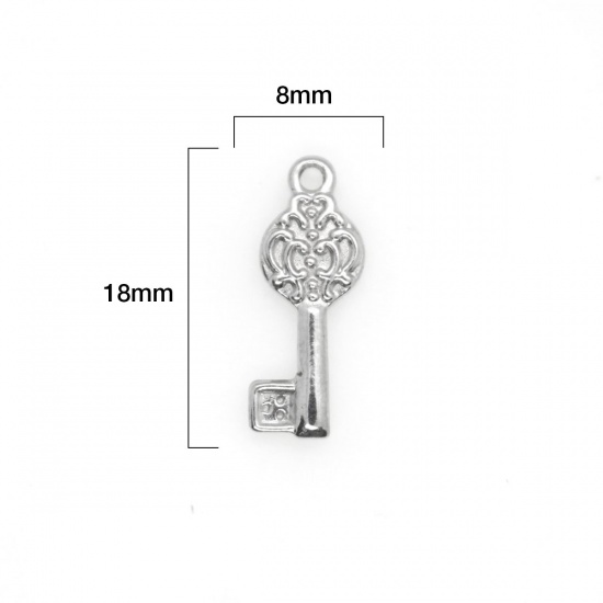 Picture of 304 Stainless Steel Charms Key Silver Tone Carved Pattern 18mm x 8mm, 10 PCs