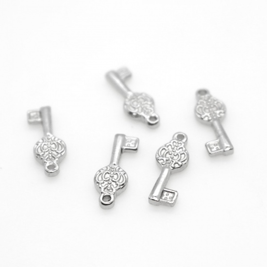 Picture of 304 Stainless Steel Charms Key Silver Tone Carved Pattern 18mm x 8mm, 10 PCs