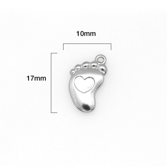 Picture of 304 Stainless Steel Charms Footprint Silver Tone Heart 17mm x 10mm, 10 PCs