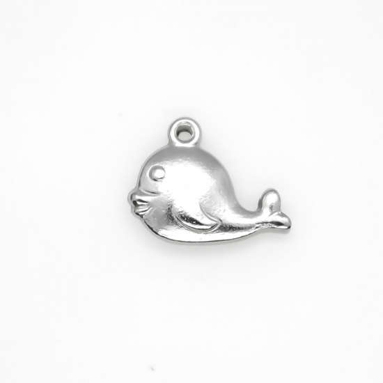 Picture of 304 Stainless Steel Ocean Jewelry Charms Whale Animal Silver Tone 15mm x 12mm, 10 PCs