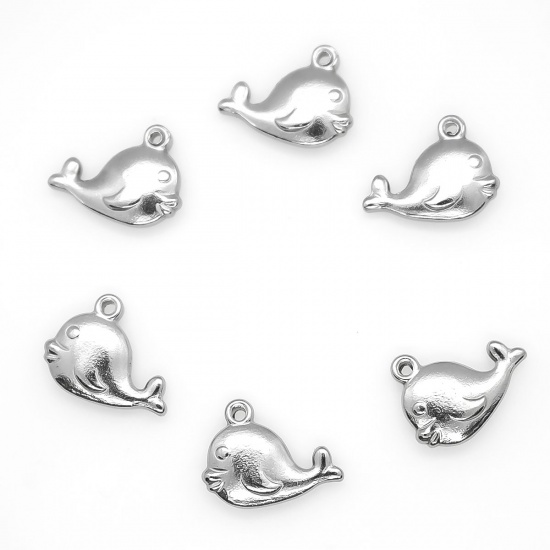 Picture of 304 Stainless Steel Ocean Jewelry Charms Whale Animal Silver Tone 15mm x 12mm, 10 PCs