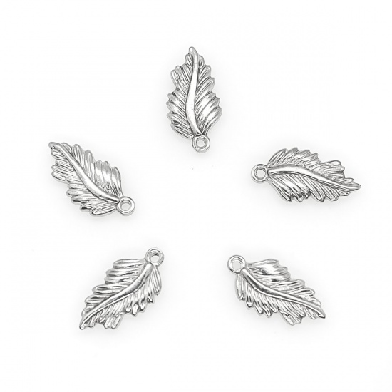 Picture of 304 Stainless Steel Charms Feather Silver Tone 19mm x 10mm, 10 PCs