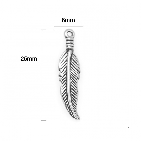 Picture of 304 Stainless Steel Charms Feather Antique Silver Color 25mm x 6mm, 10 PCs