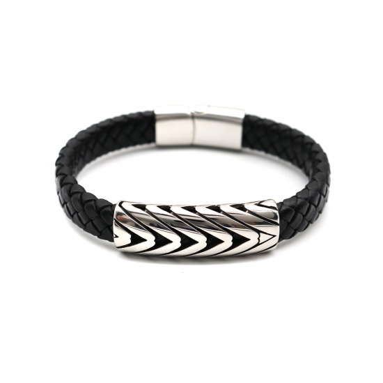 Picture of 304 Stainless Steel & Real Leather Bangles Bracelets Silver Tone Black Round Stripe Woven 21.5cm(8 4/8") long, 1 Piece