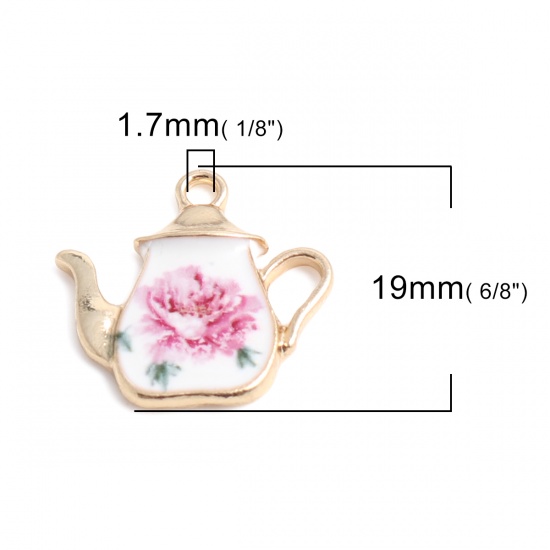 Immagine di Lega di Zinco Charms Teiera Oro Placcato Bianco & Rosa Fiore Smalto 19mm x 19mm , 500 Pz