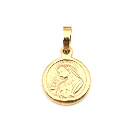 Bild von 1 Stück Edelstahl Charm-Anhänger Rund Vergoldet Heilige Maria Mutter Gottes 23mm x 14mm