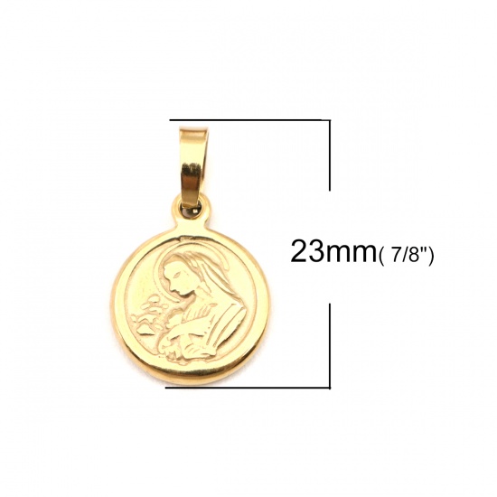 Bild von 1 Stück Edelstahl Charm-Anhänger Rund Vergoldet Heilige Maria Mutter Gottes 23mm x 14mm