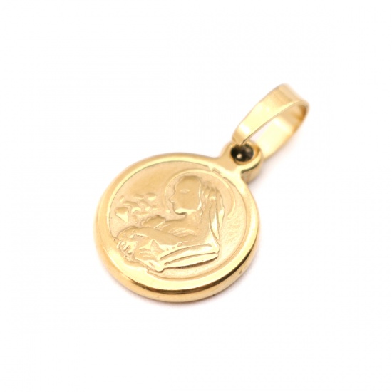 Bild von 1 Stück Edelstahl Charm-Anhänger Rund Vergoldet Heilige Maria Mutter Gottes 23mm x 14mm