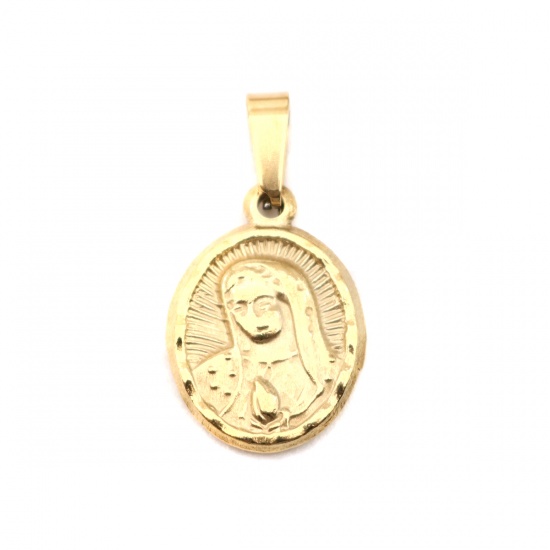 ステンレス鋼 チャーム 楕円形 金メッキ 聖母マリア 27mm x 14mm、 1 個 の画像